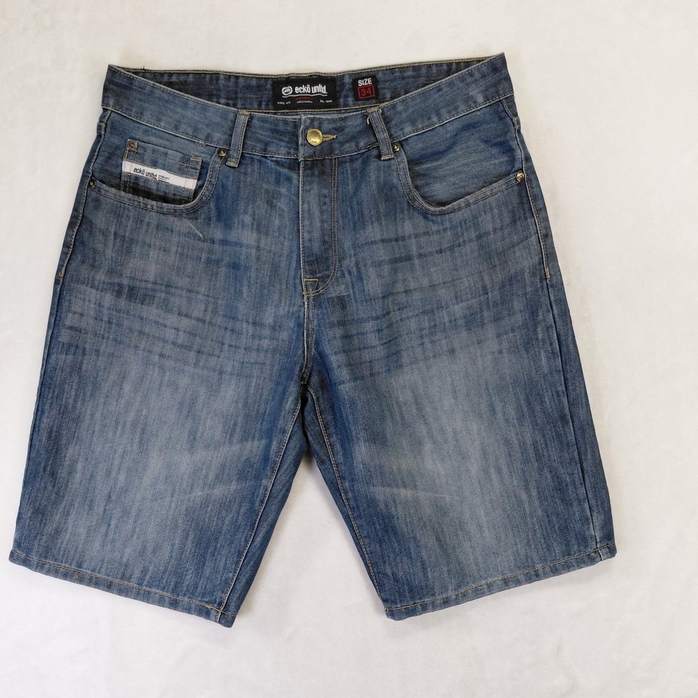 Ecko Unltd Mens Denim Shorts Blue Size 34‎ Relaxed Fit Y2K Streetwear Rhino Logo